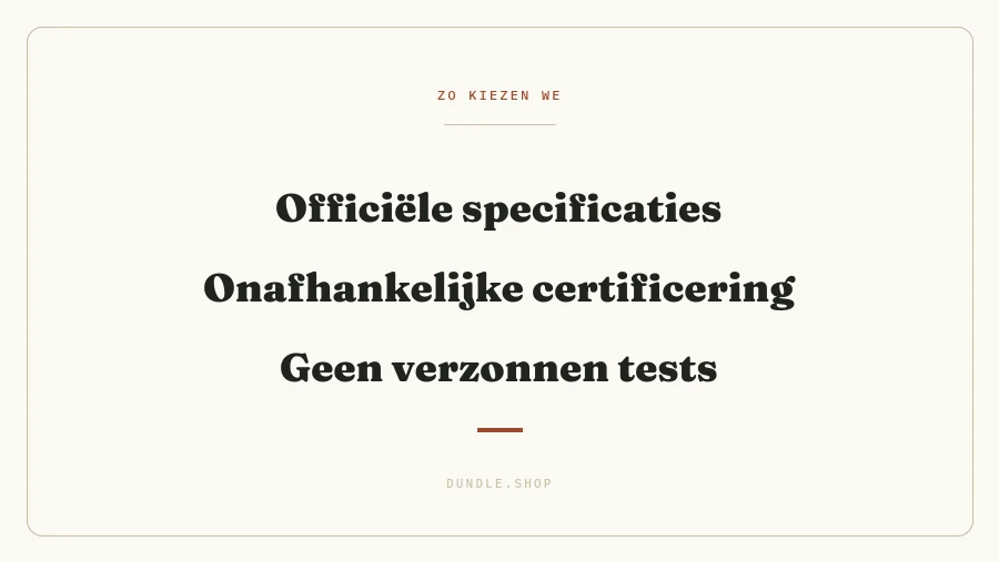 Zo kiezen we: officiële specificaties, onafhankelijke certificering, geen verzonnen tests